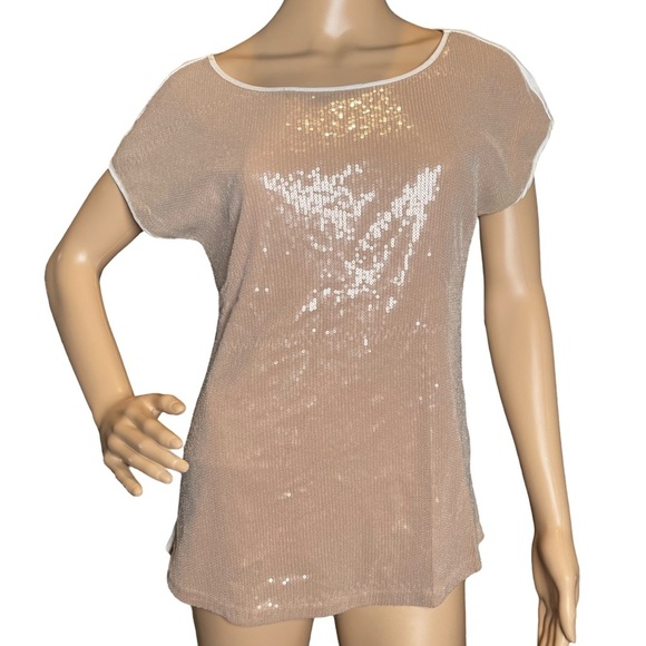 Calvin Klein Women's Size Small Tunic Beige Gold Sequin Cotton Blend Crew Neck - Picture 3 of 9